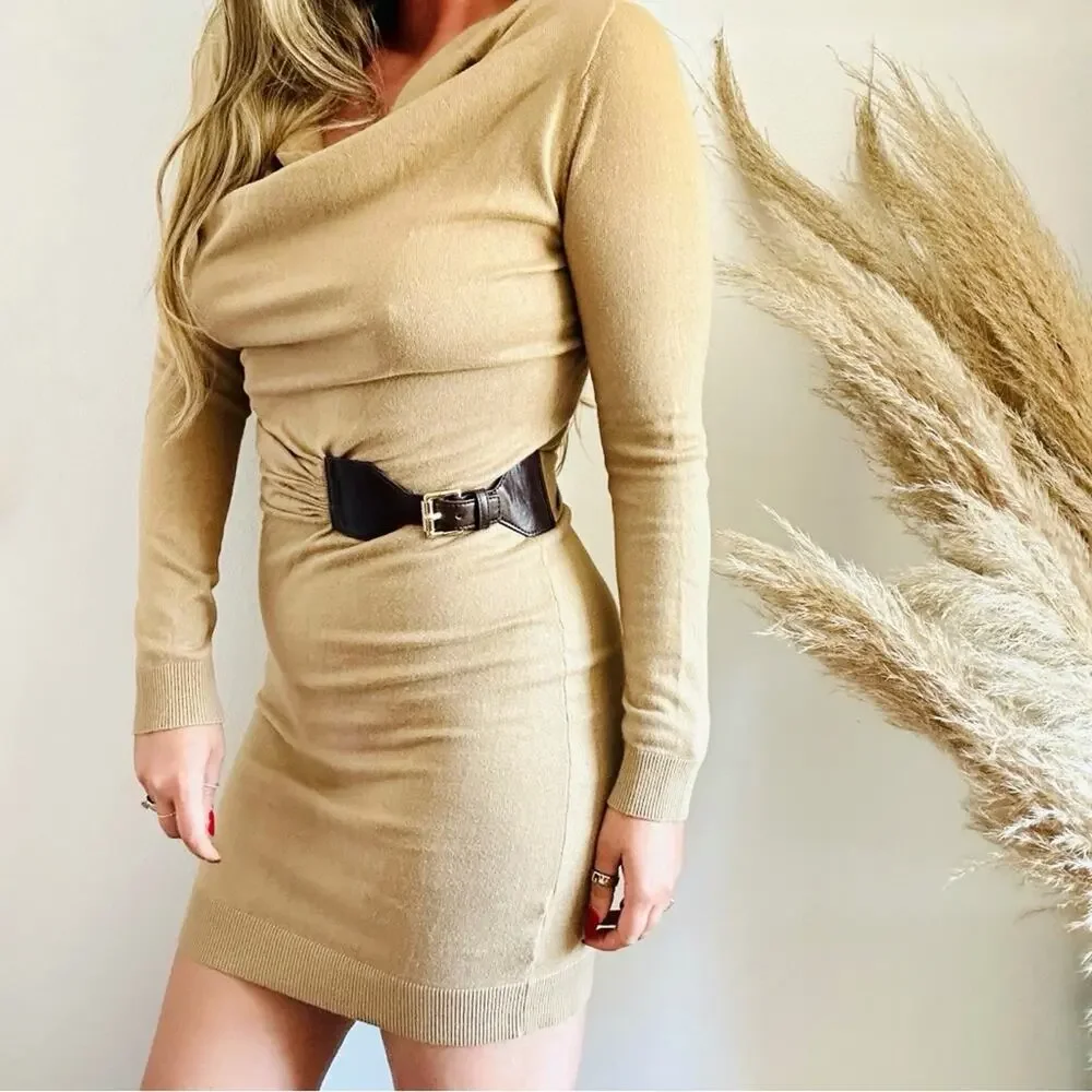 MK MICHAEL KORS Cream Tan Brown Leather Buckle Belt Cowl Neck Sweater Dress S